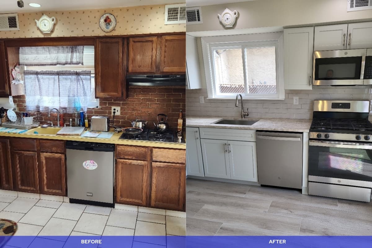 Before and after kitchen remodel by American Home Remodeling Service, serving Union County, NJ